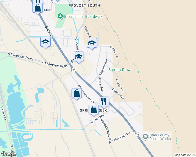 map of restaurants, bars, coffee shops, grocery stores, and more near 2044 Nevada Avenue in Provo