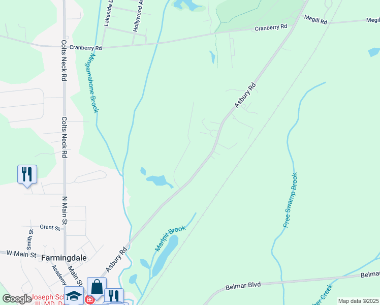 map of restaurants, bars, coffee shops, grocery stores, and more near 16 Johnny Drive in Farmingdale