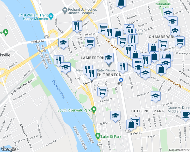 map of restaurants, bars, coffee shops, grocery stores, and more near 483 Centre Street in Trenton