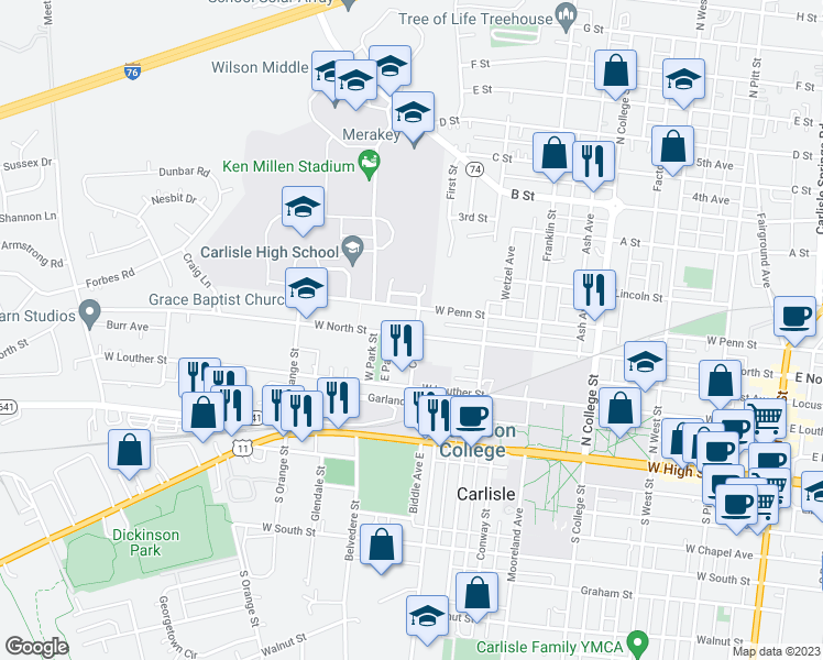 map of restaurants, bars, coffee shops, grocery stores, and more near 605 West North Street in Carlisle