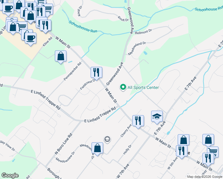 map of restaurants, bars, coffee shops, grocery stores, and more near 80 Greenwood Avenue in Collegeville