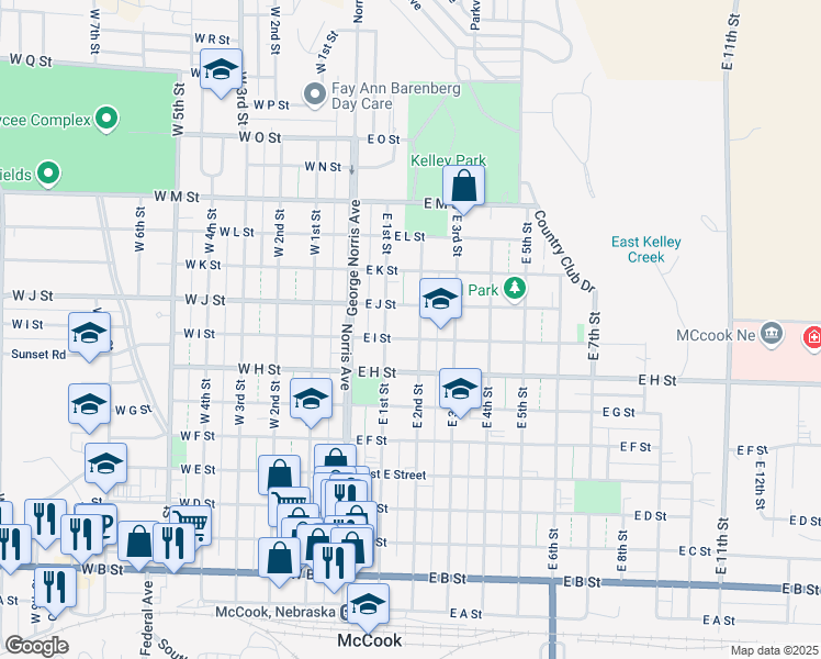 map of restaurants, bars, coffee shops, grocery stores, and more near 904 East 2nd Street in McCook