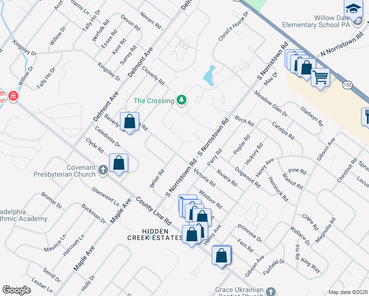 map of restaurants, bars, coffee shops, grocery stores, and more near 175 Belair Road in Warminster
