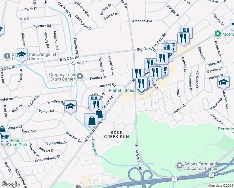 map of restaurants, bars, coffee shops, grocery stores, and more near 525 Berwyn Road in Morrisville