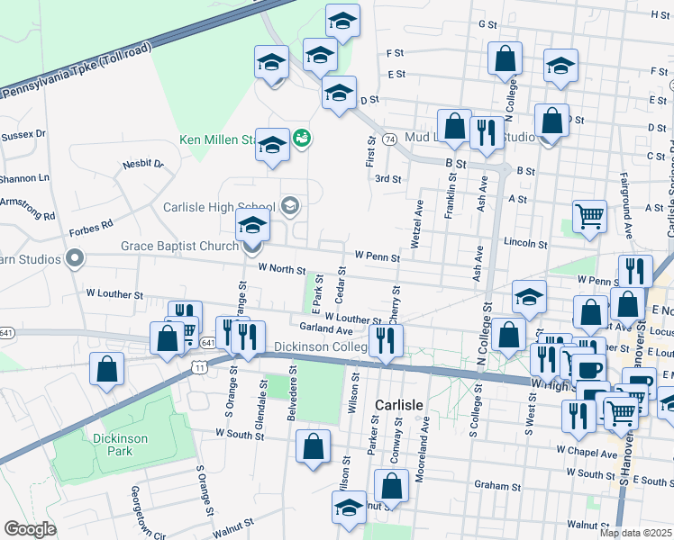 map of restaurants, bars, coffee shops, grocery stores, and more near 605 West North Street in Carlisle