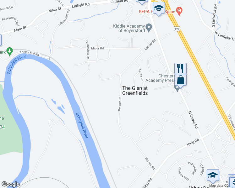 map of restaurants, bars, coffee shops, grocery stores, and more near 125 Benner Road in Royersford