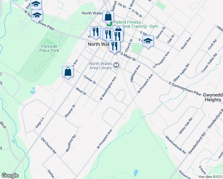 map of restaurants, bars, coffee shops, grocery stores, and more near 341 Washington Avenue in North Wales