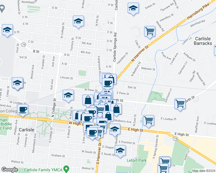 map of restaurants, bars, coffee shops, grocery stores, and more near 320 North Hanover Street in Carlisle