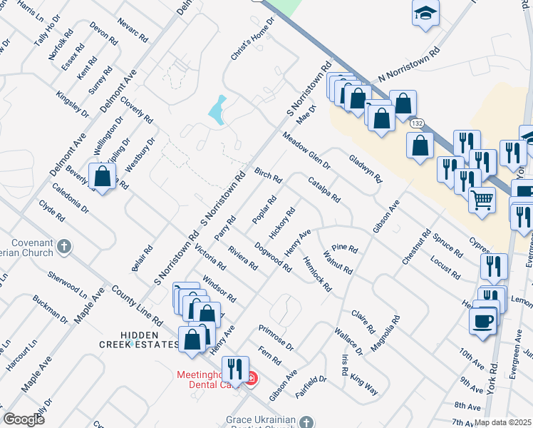 map of restaurants, bars, coffee shops, grocery stores, and more near 281 Poplar Road in Warminster