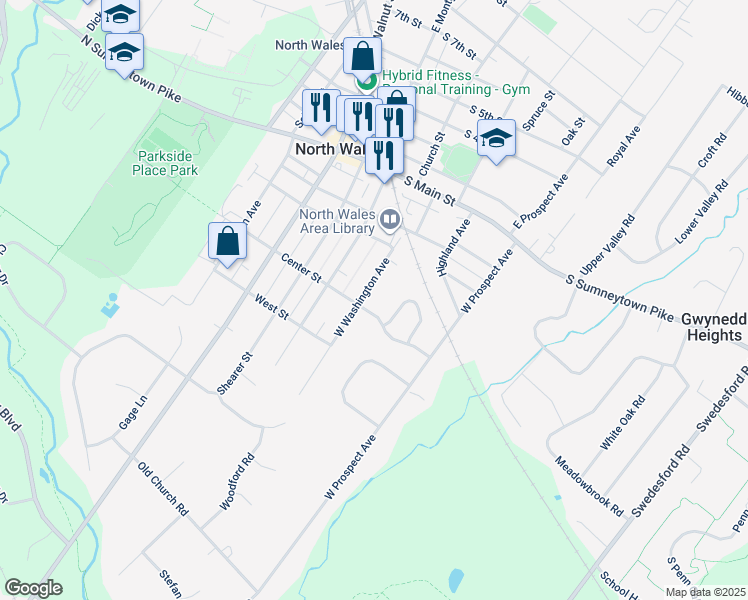 map of restaurants, bars, coffee shops, grocery stores, and more near 341 Washington Avenue in North Wales