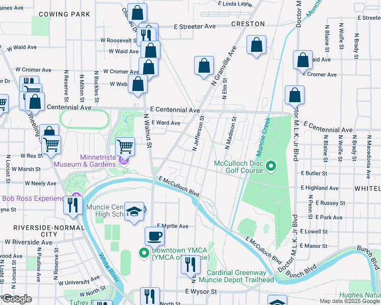 map of restaurants, bars, coffee shops, grocery stores, and more near 1325 North Jefferson Street in Muncie