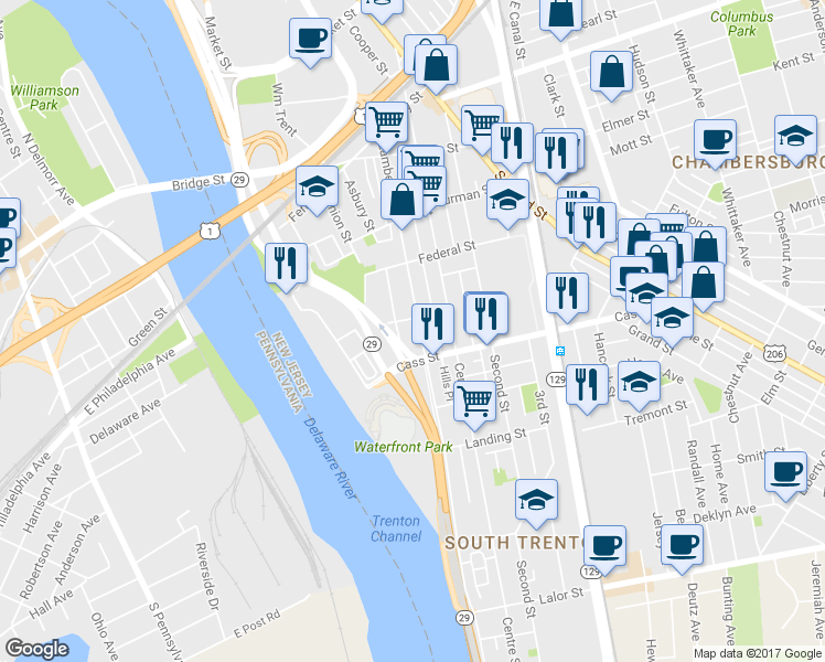 map of restaurants, bars, coffee shops, grocery stores, and more near 675 Lamberton Street in Trenton