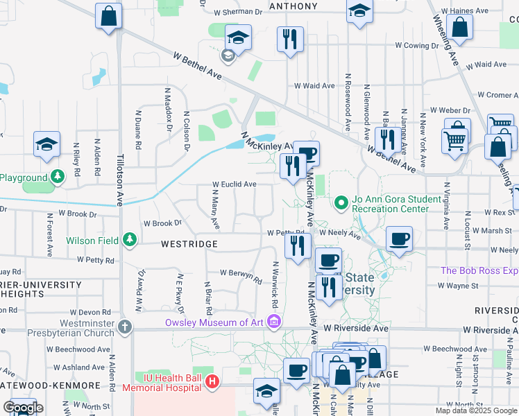 map of restaurants, bars, coffee shops, grocery stores, and more near 1404 North Lorraine Avenue in Muncie