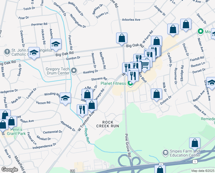 map of restaurants, bars, coffee shops, grocery stores, and more near 525 Berwyn Road in Morrisville
