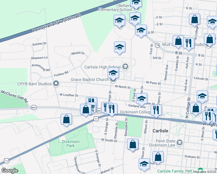 map of restaurants, bars, coffee shops, grocery stores, and more near 160 North Orange Street in Carlisle