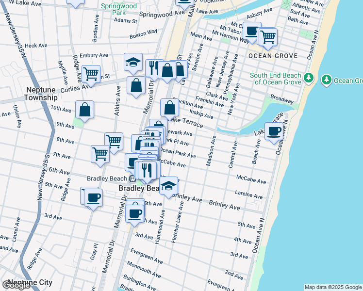map of restaurants, bars, coffee shops, grocery stores, and more near 511 Park Place Avenue in Bradley Beach