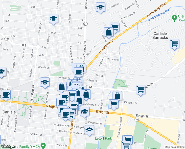 map of restaurants, bars, coffee shops, grocery stores, and more near 336 North Bedford Street in Carlisle