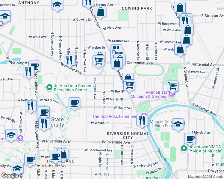 map of restaurants, bars, coffee shops, grocery stores, and more near 1403 North Linden Street in Muncie