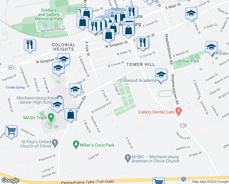 map of restaurants, bars, coffee shops, grocery stores, and more near 205 West Maplewood Avenue in Mechanicsburg
