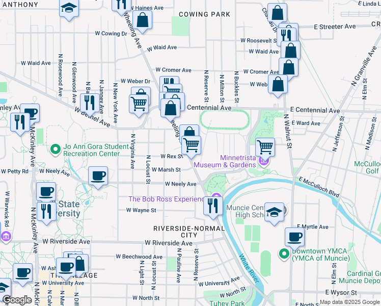 map of restaurants, bars, coffee shops, grocery stores, and more near 1400 Wheeling Avenue in Muncie