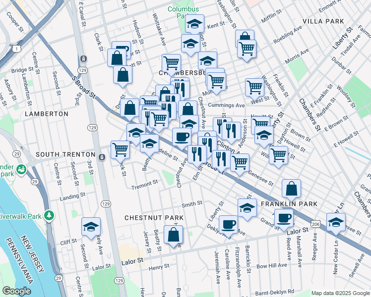map of restaurants, bars, coffee shops, grocery stores, and more near 1311 Chestnut Avenue in Trenton