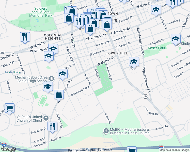map of restaurants, bars, coffee shops, grocery stores, and more near 205 West Maplewood Avenue in Mechanicsburg