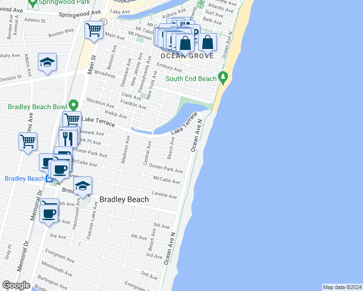 map of restaurants, bars, coffee shops, grocery stores, and more near 112 Newark Avenue in Bradley Beach