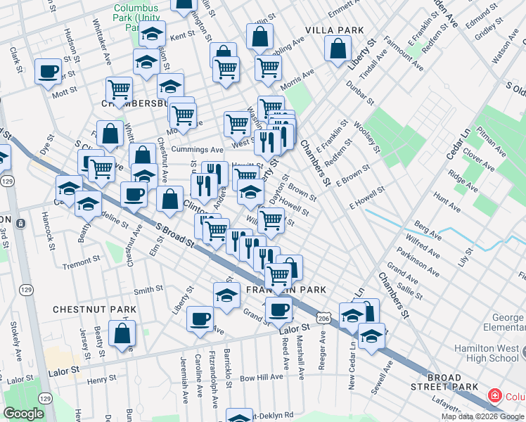 map of restaurants, bars, coffee shops, grocery stores, and more near 400 Woodland Street in Trenton