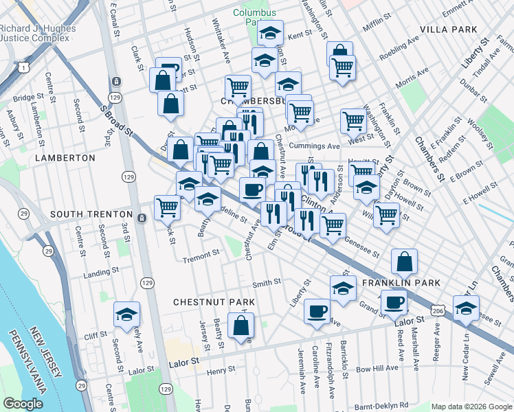 map of restaurants, bars, coffee shops, grocery stores, and more near 1311 Chestnut Avenue in Trenton