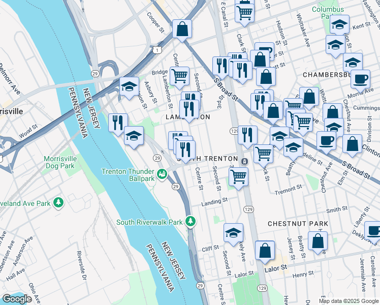 map of restaurants, bars, coffee shops, grocery stores, and more near 483 Centre Street in Trenton
