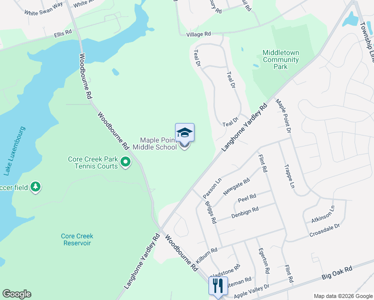 map of restaurants, bars, coffee shops, grocery stores, and more near 2250 Langhorne Yardley Road in Langhorne