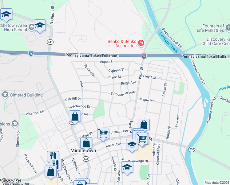 map of restaurants, bars, coffee shops, grocery stores, and more near 309 East Roosevelt Avenue in Middletown
