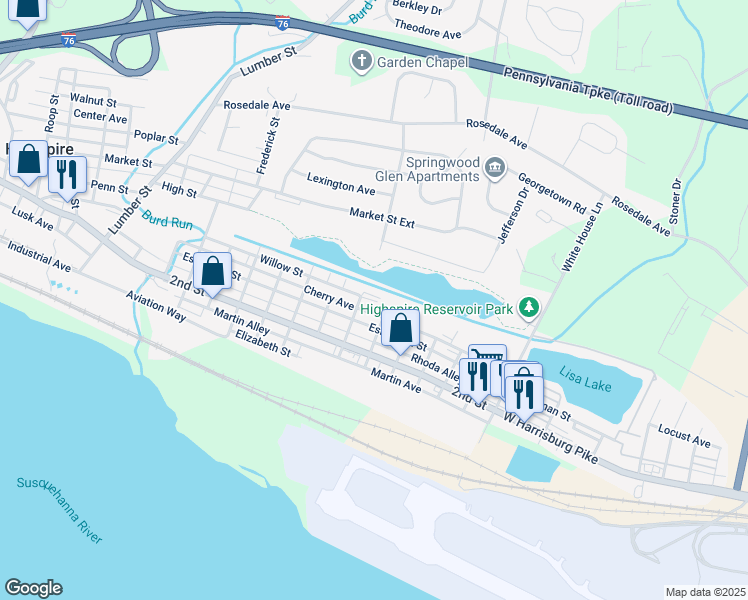 map of restaurants, bars, coffee shops, grocery stores, and more near 625 Willow Street in Highspire