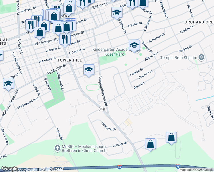 map of restaurants, bars, coffee shops, grocery stores, and more near 389 Alison Avenue in Mechanicsburg