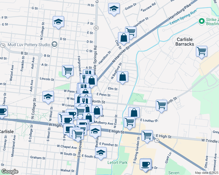 map of restaurants, bars, coffee shops, grocery stores, and more near 402 North Bedford Street in Carlisle