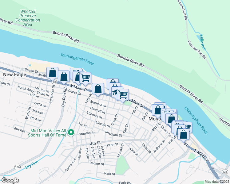 map of restaurants, bars, coffee shops, grocery stores, and more near 804 Railroad Street in Monongahela
