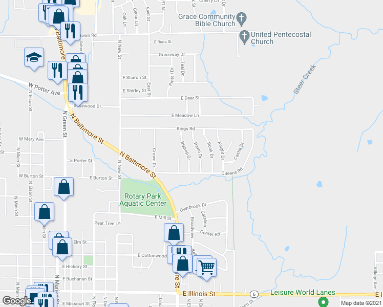 map of restaurants, bars, coffee shops, grocery stores, and more near 1402 Bishop Drive in Kirksville