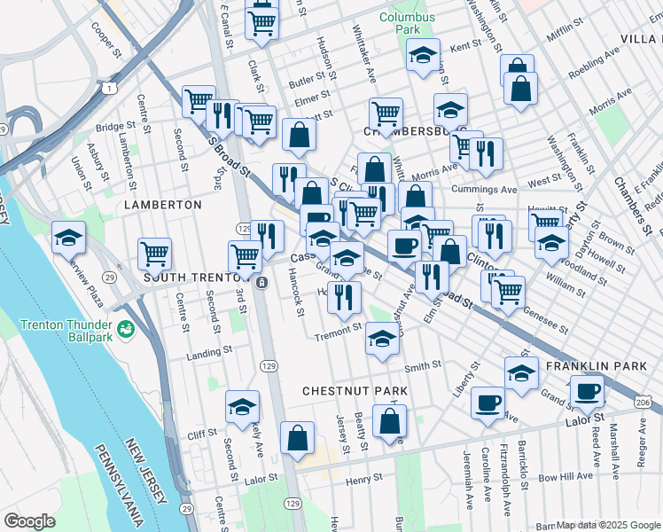 map of restaurants, bars, coffee shops, grocery stores, and more near 22 Grand Street in Trenton