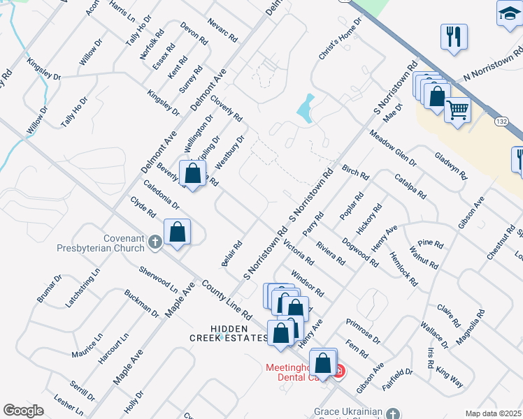 map of restaurants, bars, coffee shops, grocery stores, and more near 178 Belair Road in Warminster