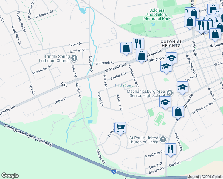 map of restaurants, bars, coffee shops, grocery stores, and more near 821 West Keller Street in Mechanicsburg
