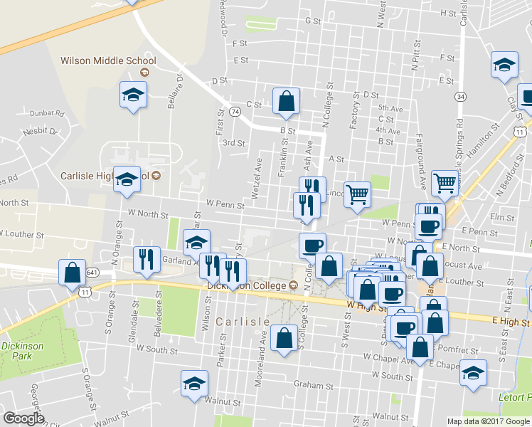 map of restaurants, bars, coffee shops, grocery stores, and more near 414 West Penn Street in Carlisle