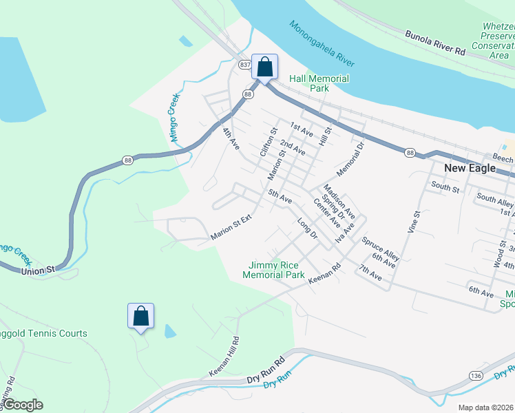 map of restaurants, bars, coffee shops, grocery stores, and more near 807 Marion Street Extension in New Eagle