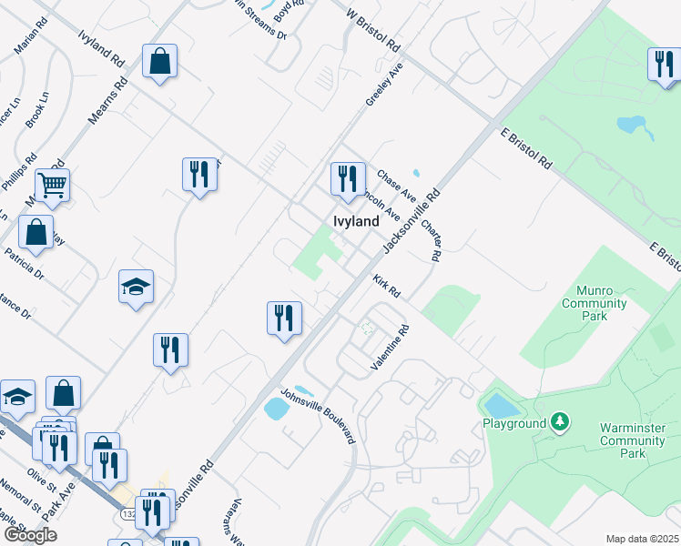 map of restaurants, bars, coffee shops, grocery stores, and more near 32 Willard Avenue in Ivyland