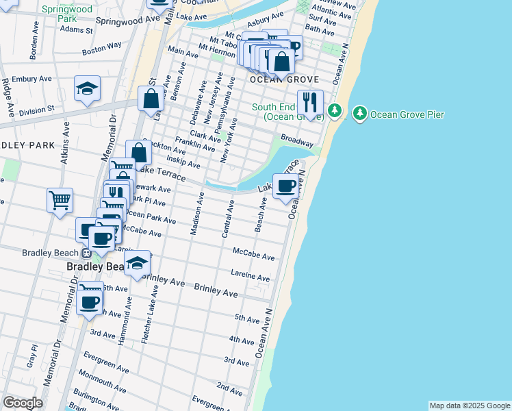 map of restaurants, bars, coffee shops, grocery stores, and more near 202 Newark Avenue in Bradley Beach