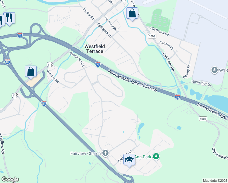 map of restaurants, bars, coffee shops, grocery stores, and more near 82 Pleasant View Terrace in New Cumberland