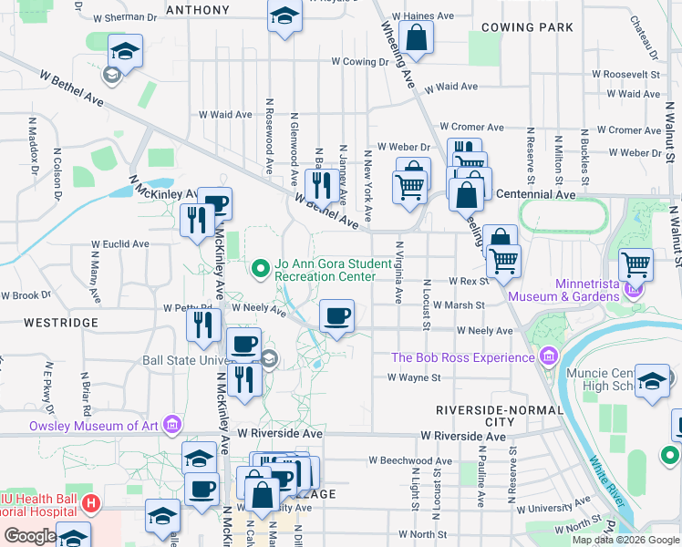 map of restaurants, bars, coffee shops, grocery stores, and more near 1404 West Rex Street in Muncie