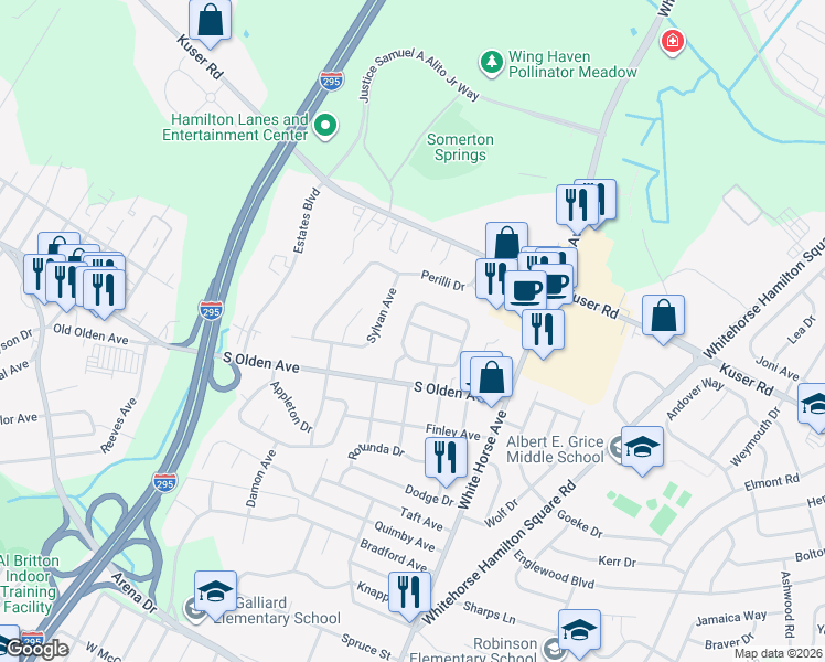 map of restaurants, bars, coffee shops, grocery stores, and more near 1 Bethany Court in Hamilton Township