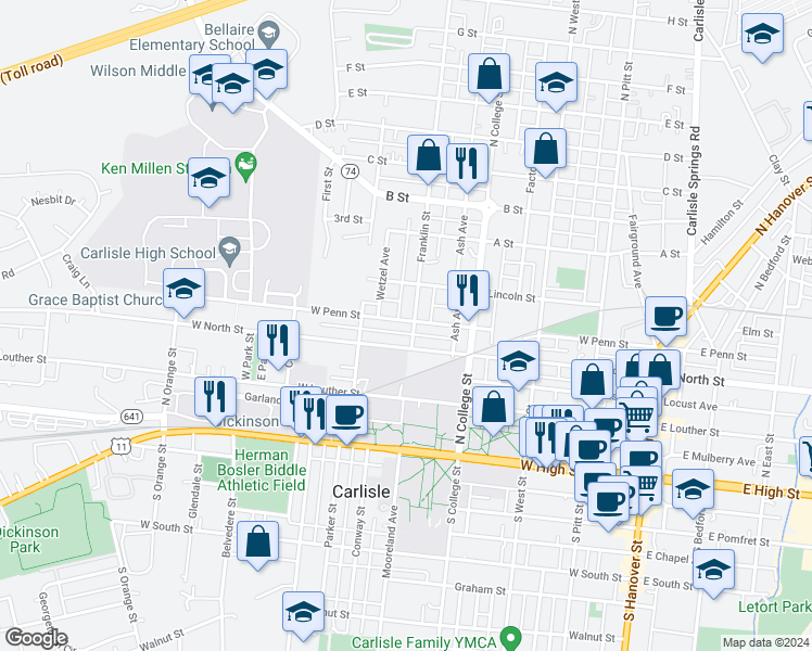 map of restaurants, bars, coffee shops, grocery stores, and more near 404 West Penn Street in Carlisle