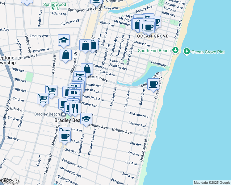 map of restaurants, bars, coffee shops, grocery stores, and more near 1006 Madison Avenue in Bradley Beach