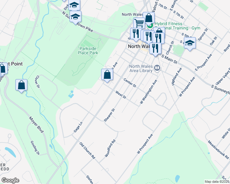 map of restaurants, bars, coffee shops, grocery stores, and more near 513 West Walnut Street in North Wales